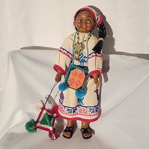 Handmade Mexican Folk Art 12" Huichol Doll in Traditional Costume